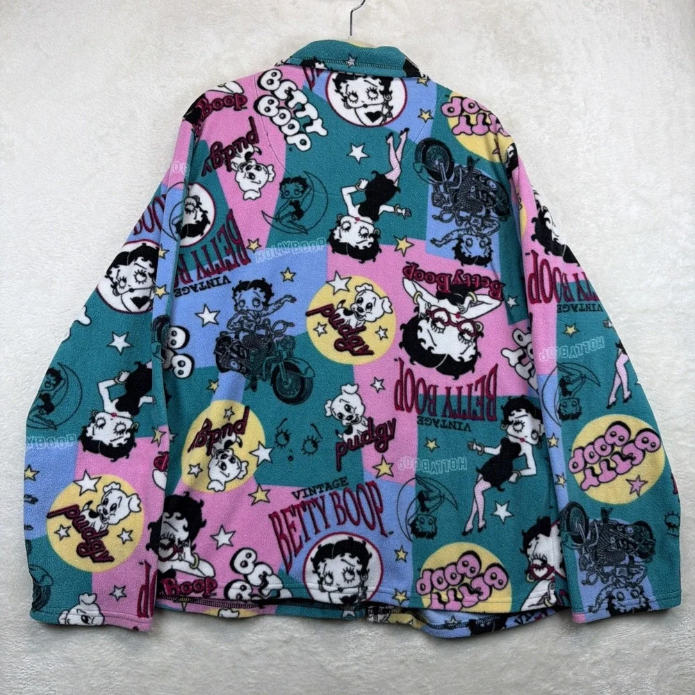 Betty Boop Fleece Pajama Top Women's XL Pink Graphic Button Front Sleep Shirt